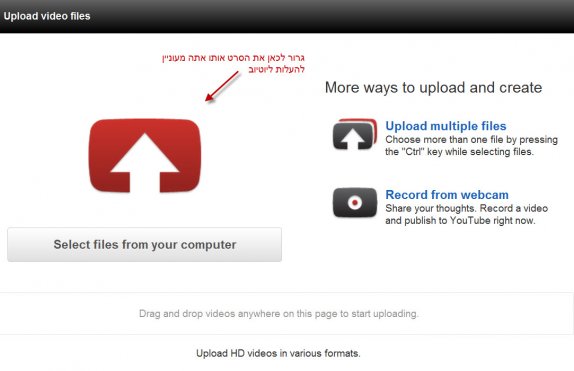 צעד שלישי - גרור את קובץ הסרט ממחשבך אל עמוד ההעלאה באתר יוטיוב
